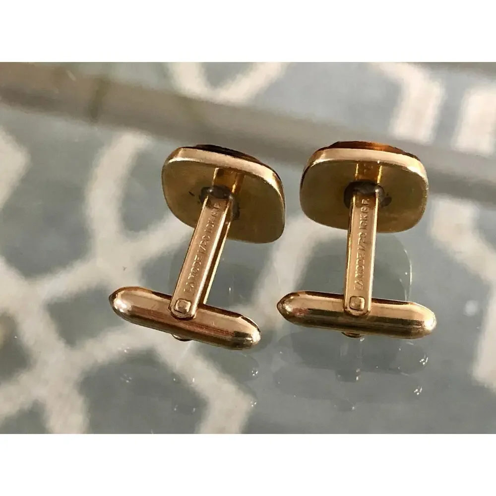 Vintage Lamode 10K Gold Filled, Carved Tigereye Brown Stone Warrior Cufflinks